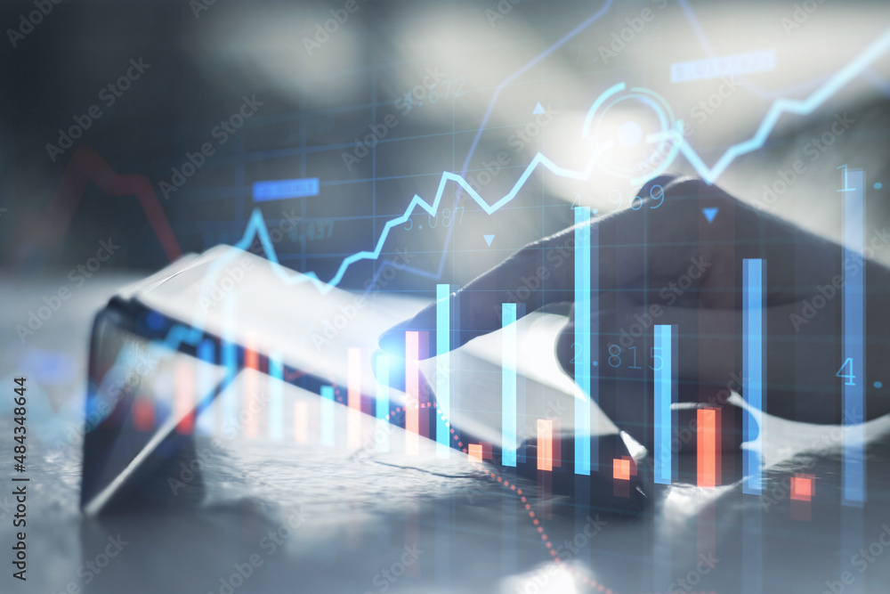 Aufkleber close up of businessman hand pointing at tablet on desktop with creative glowing forex chart on blur