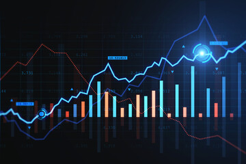 Creative glowing forex chart on dark background with reflections. Trade, finance and technology concept. 3D Rendering.
