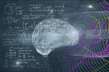 Abstract brain background with mathematical formulas. Mind concept. 3D Rendering.