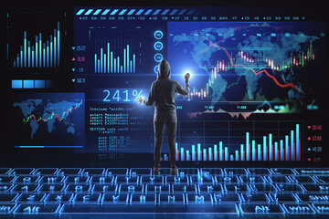 Back view of hacker using abstract image of glowing digital keyboard with map and forex chart on dark background. Innovation, hacking, technology, ai, trade, and market concept. Double exposure.