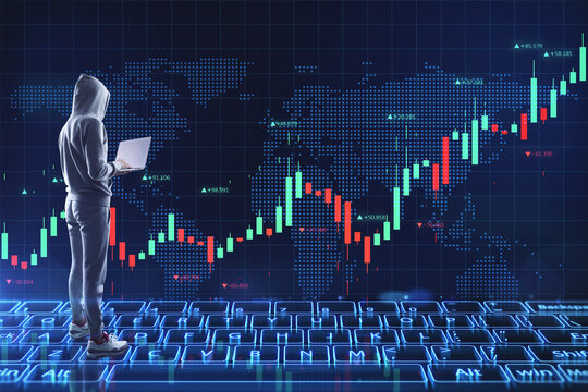 Back view of hacker using laptop with abstract image of glowing digital keyboard with map and forex chart on dark background. Innovation, hacking, technology, ai, trade, and market concept. 