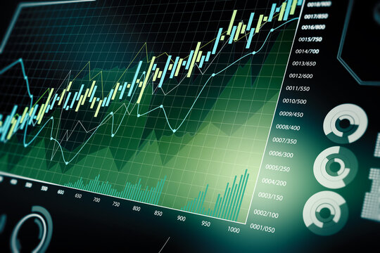 Abstract glowing forex chart on blurry background. Finance, trade and trend concept. 3D Rendering. - Powered by Adobe