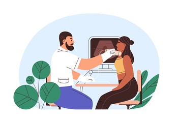 Patient during thyroid gland ultrasound. Doctor checking, scanning throat with ultrasonography. Medical checkup with scanner at physicians. Flat vector illustration isolated on white background