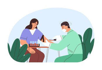 Nurse drawing, taking vein blood sample from arm for laboratory test. Doctor with syringe and patient in lab. Medical checkup and analysis. Flat vector illustration isolated on white background