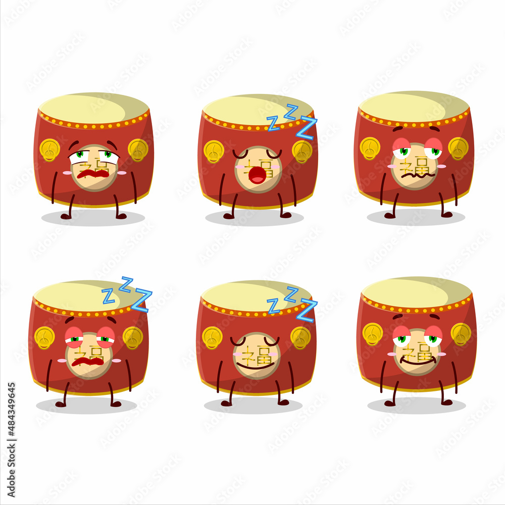 Wall mural Cartoon character of red chinese drum with sleepy expression