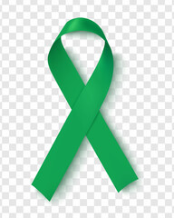 Liver Cancer Awareness Month. Emerald Green Color Ribbon Isolated On Transparent Background. Vector Design Template For Poster