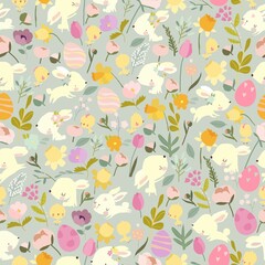 Seamless Pattern with Funny Easter Rabbits and Flowers