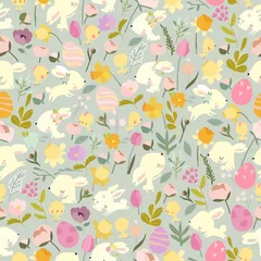 Wallpaper murals Rabbit Seamless Pattern with Funny Easter Rabbits and Flowers