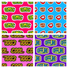 Set of 4 seamless patterns with word patches: "OMG", "Cool", Rock on", "Offline". Fun cute vector wallpapers. Quirky cartoon comic style designs. Various pins, stamps, stickers colorful backgrounds.