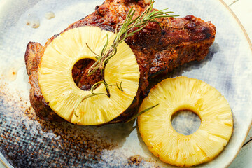 Beef fried with pineapple, close up