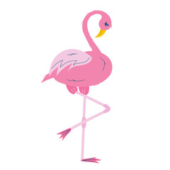 Pink flamingo isolated on white background.A tropical bird with feathers and a beak stands on a long leg. Flat vector illustration