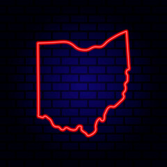 Neon map State of Ohio on brick wall background.