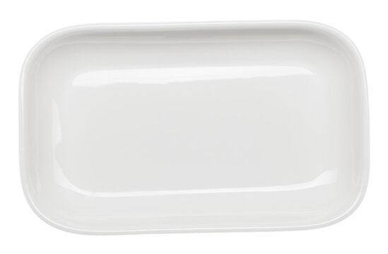one rectangular white plate or dish large and detailed on a white background, real photo of isolated object