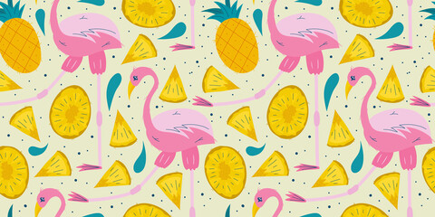 Seamless summer pattern with pink flamingo pineapple pieces. Fruit and flamingo on a light background for childrens design. Flat vector illustration.