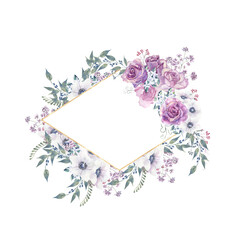 Geometric floral frame with purple roses and anemones in a glass vase on a white isolated background. Hand-drawn watercolor illustration