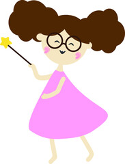 Vector illustration of little fairy in pink dress with magic wand