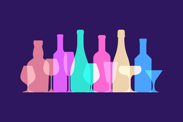 contours of wine glasses and bottles for alcoholic beverages in a row