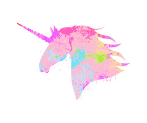 silhouette of the unicorn, Colorful unicorn, pink unicorn, watercolor painting
