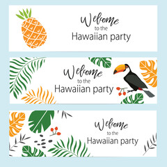 Print. Vector set of invitation cards for hawaiian party. Banners
