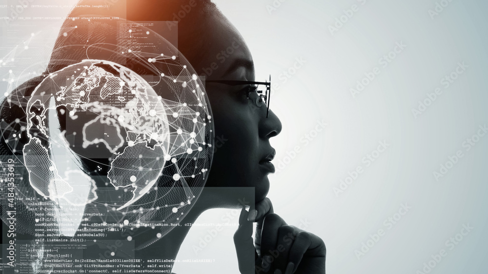 Aufkleber AI (Artificial Intelligence) concept. Deep learning. Mindfulness. Globan communication network.