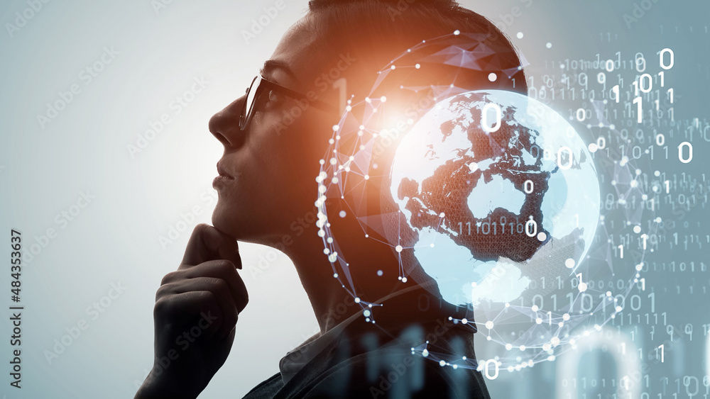 Aufkleber AI (Artificial Intelligence) concept. Deep learning. Mindfulness. Globan communication network. Digital transformation.