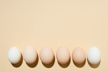 fresh eco-friendly farm chicken eggs in a row on a beige background. Minimalistic style