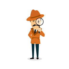 Print. Vector cartoon detective with a magnifying glass. Investigation
