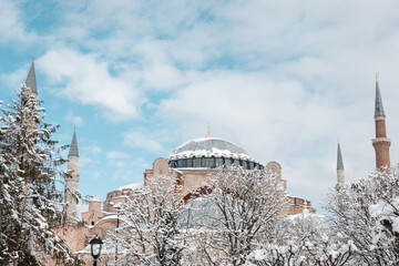 The main attraction of Istanbul Aya Sofia in the snow. Snow storm in Istanbul 2022. Landmark...