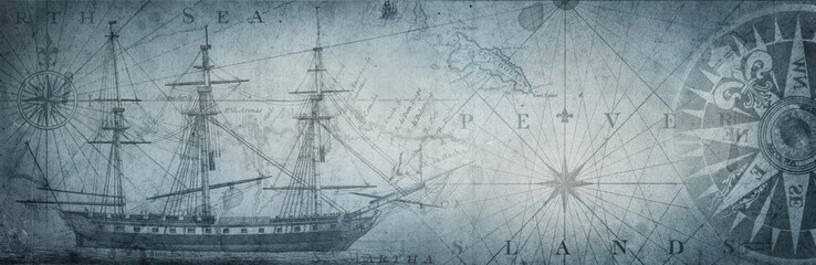Old sailboat, compass and ancient  map historical background. A concept on the topic of sea voyages, discoveries, pirates, sailors, geography and history. Efect of overlay on old texture of paper. - obrazy, fototapety, plakaty