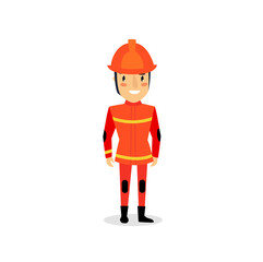 Print. Vector cartoon firefighter in suit.
