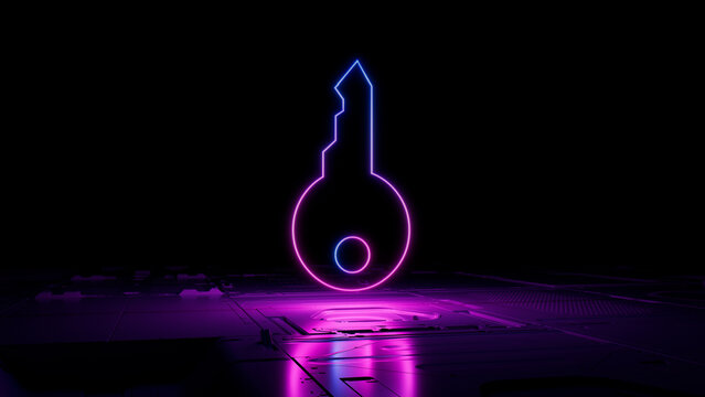 Pink and Blue neon light key icon. Vibrant colored Security technology symbol, on a black background with high tech floor. 3D Render