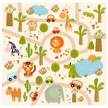 Print. Vector tropical maze with animals in safari park. Cartoon tropical animals. African animals. Road in a safari park. Game for children. Children's play mat.
