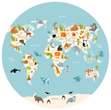 Print. Vector map of the world with cartoon animals for kids. Eurasia, South America, North America, Australia and Africa. © olga
