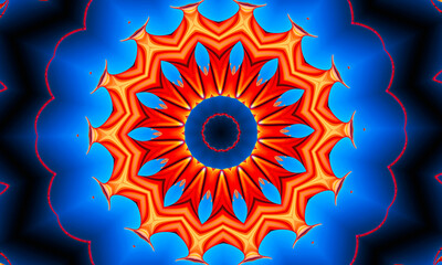 Orange rays stars on blue gradient retro textured pattern 70s. Abstract unique kaleidoscope background. Beautiful kaleidoscope seamless pattern. Seamless kaleidoscope texture