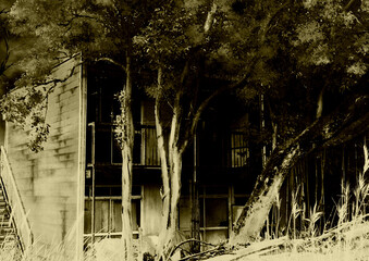 幽霊がいる古い廃墟アパートセピア