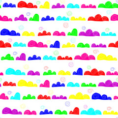 Modern bright seamless pattern with clouds in LGBT colors. Iridescent paper-cut clouds and spirals. Pattern for wallpaper, fabric, paper, postcards and kids.