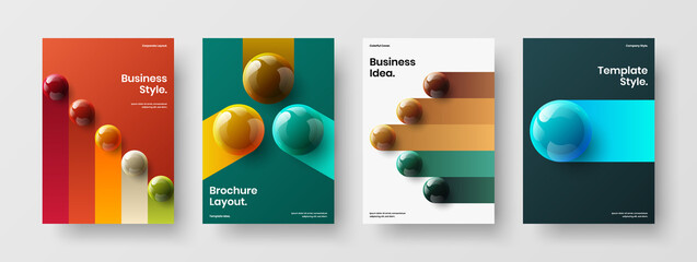 Geometric realistic balls pamphlet illustration set. Unique company identity A4 design vector concept bundle.