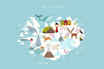 Print. Iceland map. Animals and sights of Iceland. Reykjavik
- 484356849