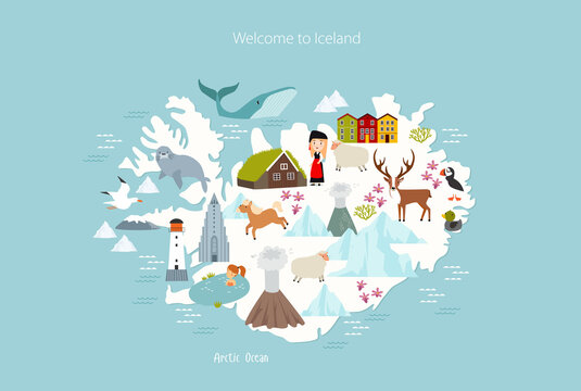 Print. Iceland map. Animals and sights of Iceland. Reykjavik
