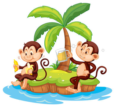 Drunk monkey cartoon character on isolated island