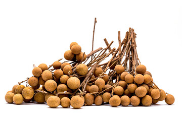 Bunch of Longan isolated on a white background, It's tropical and subtropical fruit plant, ripe fruit is brown, the flesh is white, seed is black, the fruit is juicy, sweet and refreshing.