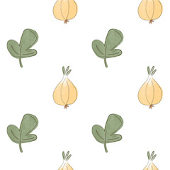Watercolor seamless pattern with green leaf and bulb