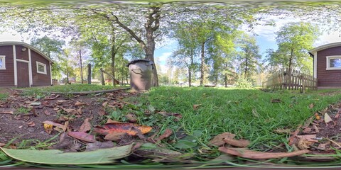 Countryside with Green Lawn, Two Brown Buildings and Trash Can, 360 VR