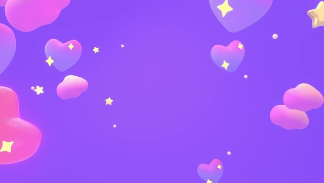 Looped cartoon animation of hearts with diamond stars in the purple sky.