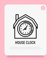 House with clock, payment of rent, late payment thin line icon. Vector illustration.