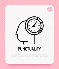 Punctuality, time management thin line icon. Silhouette of human head with watch. Modern vector illustration.