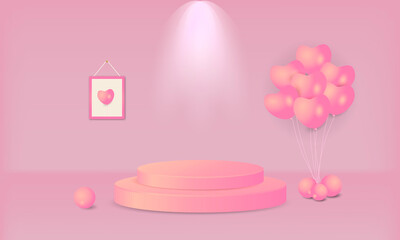 simple realistic 3D Podium and heart balloons pink wall background feminine