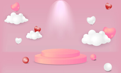 simple realistic 3D Podium and heart balloons cloud wall background light