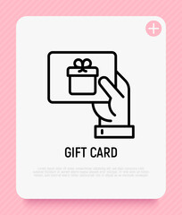 Hand with gift card. Certificate for purchase, discount, coupon. Thin line icon. Modern vector illustration of present for Christmas, Valentine day or birthday.