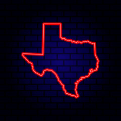 Neon map State of Texas on brick wall background.